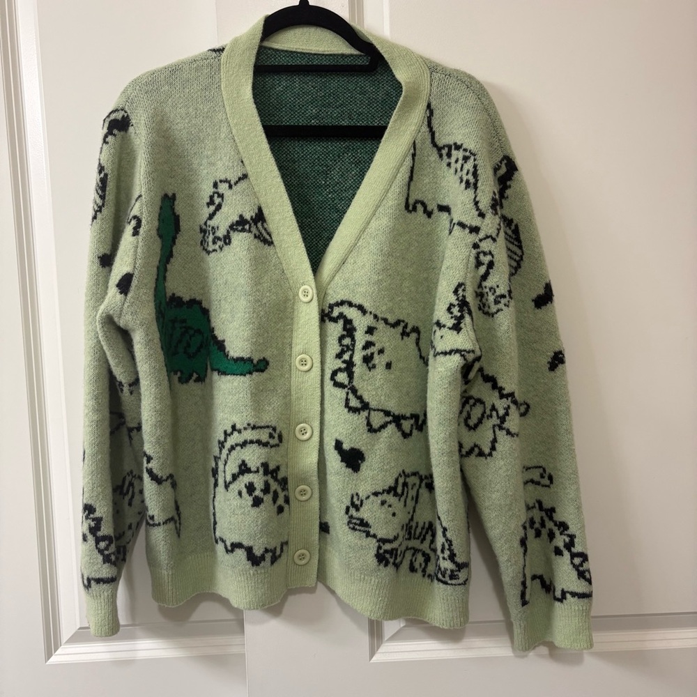 Dinosaur Green Knit Cardigan Sweater Sized Estimated Large